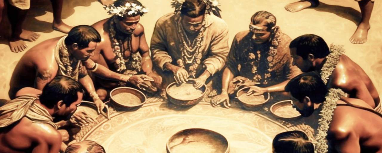 ancient polynesian kava ceremony with the kava chief chewing the roots