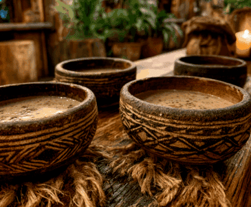 Three decorative ceramic bowls with soup on a rustic wooden table and woven mat runner in a cozy setting