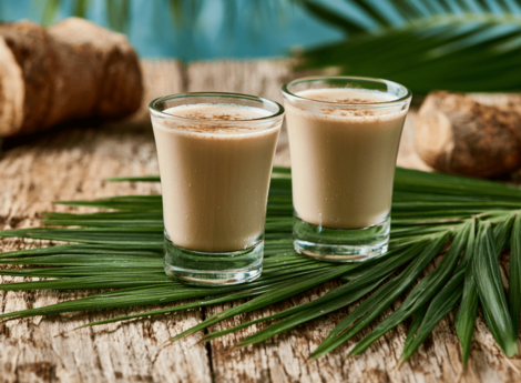 Two small glass cups of creamy coffee on a wooden table with palm leaves and bread loaves in the background.